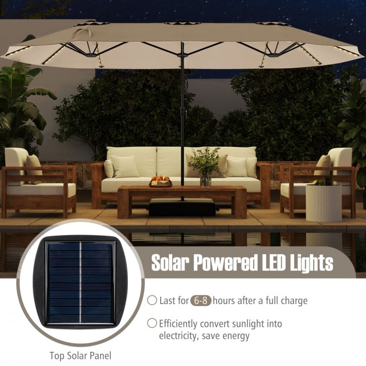 15.5 FT Extra-Large Patio Umbrella with LED Solar Lights and Crank Handle-Beige