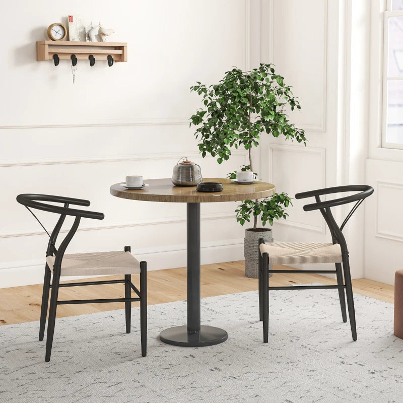 Set of 2 Weave Dining Chairs, Mid-Century Modern Dining Room Chairs with Y-Shaped Backrest and Hemp Seat, Black
