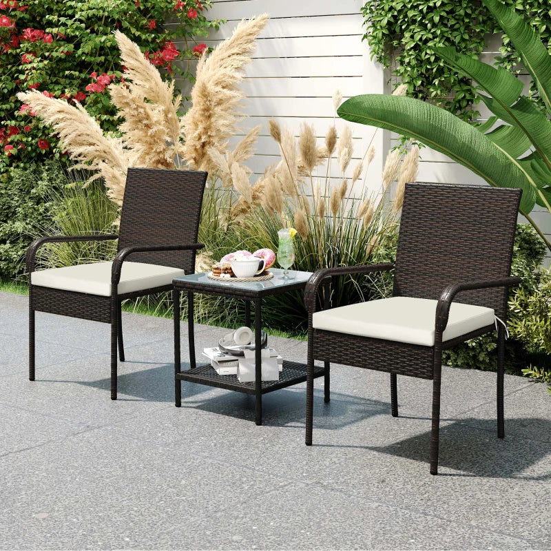 3 Piece Wicker Patio Furniture Set with Stackable Chairs, Washable Cushion, Tempered Glass Top, for Backyard, Brown