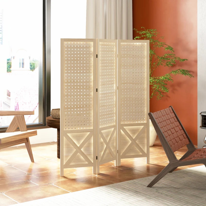 4.7' 3 Panel Wooden Room Divider with Pegboard Display, Folding Privacy Screen for Home Office, Natural