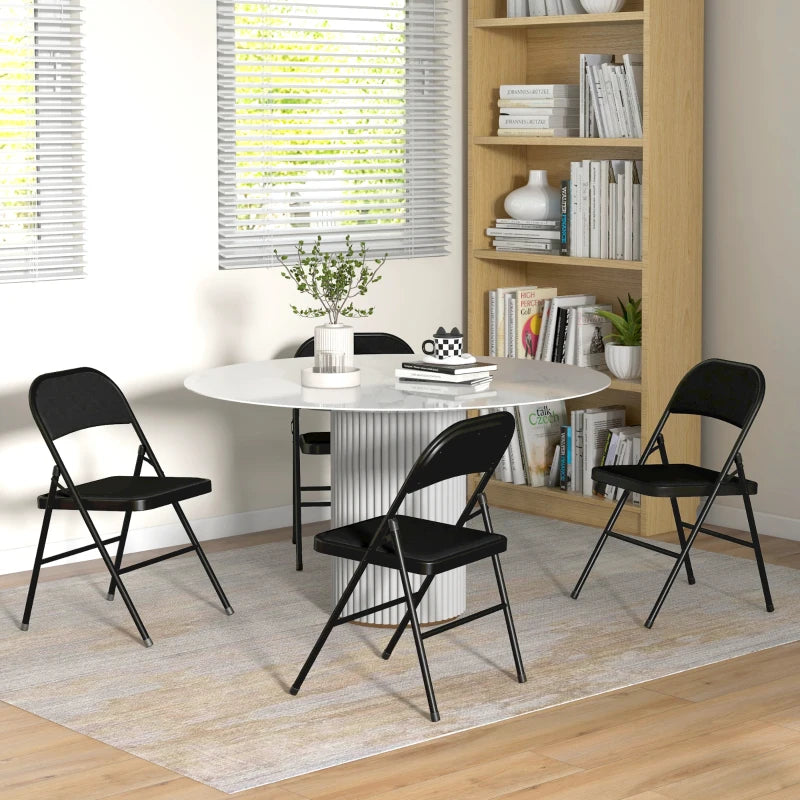 Set of 4 Metal Foldable Chairs, Linen Fabric Padded Folding Chairs with Cushion Seat and Open Back for Indoor, Black