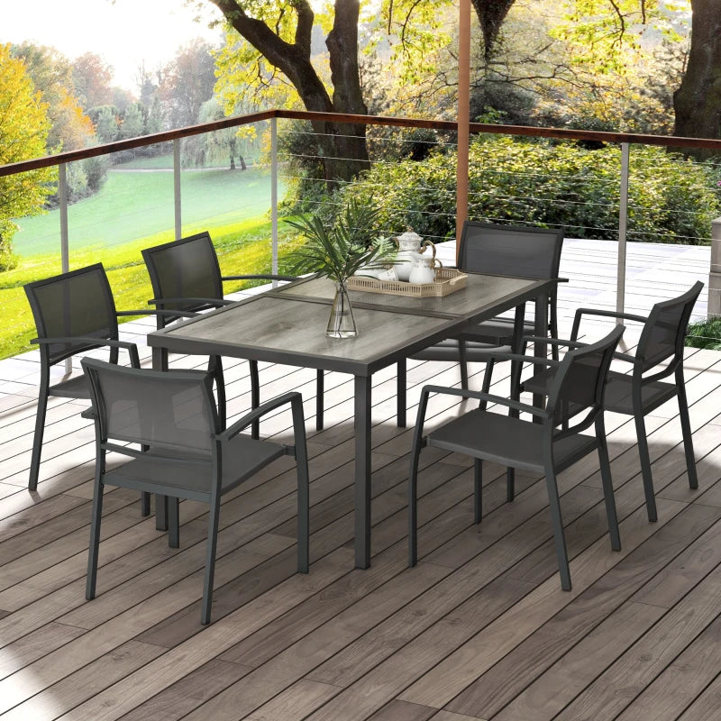 7 Pieces Outdoor Dining Set with 6 Stackable Chairs, Patio Table and Chairs with Plastic Top, Breathable Mesh Seat Back