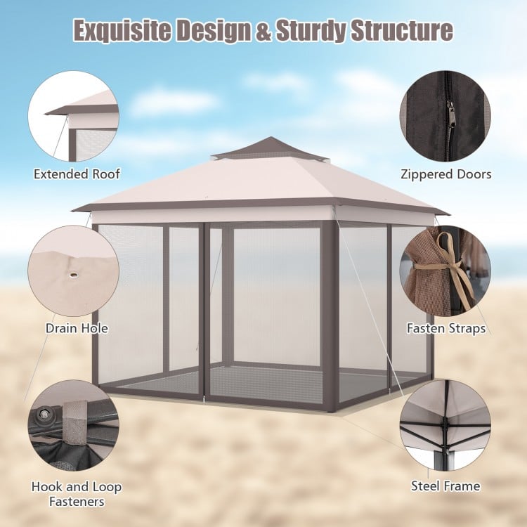 2-Tier 11 x 11 Feet Pop-Up Gazebo Tent Portable Canopy Shelter Carry Bag Mesh-Beige