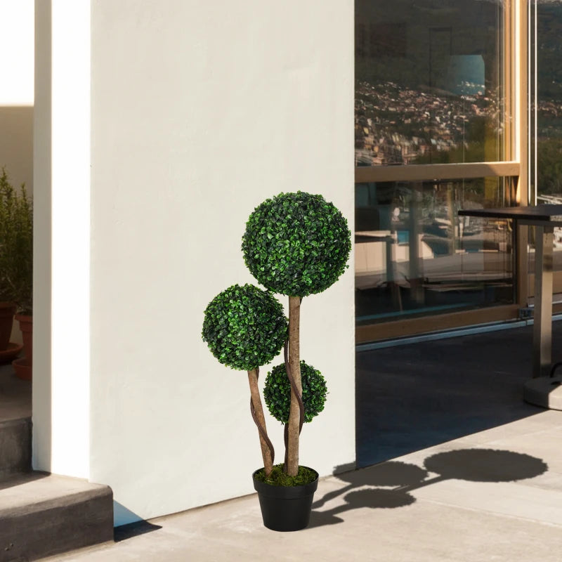 35 Inch Potted Fake Plant, Artificial Boxwood Topiary Tree, Triple Ball Tree for Indoor and Outdoor, Dark Green