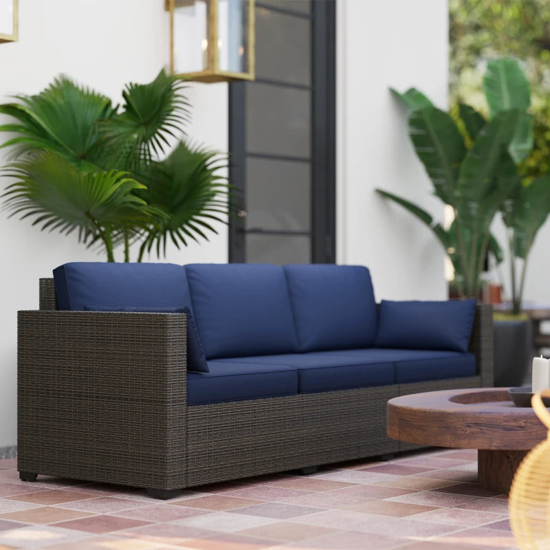 3-Seater Outdoor Sofa with Cushions, PE Rattan Conversation Patio Couch with Pillows for Garden, Poolside, Blue/Brown
