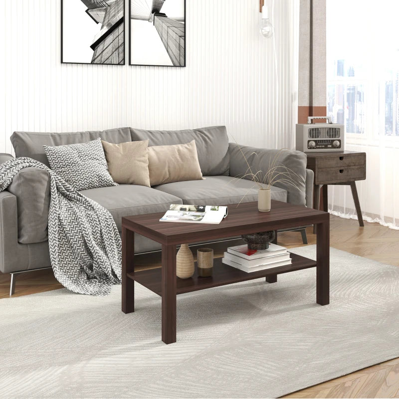 2 Tier Coffee Table with Storage Shelf, Rectangular Center Table for Living Room, Home Office Furniture Walnut