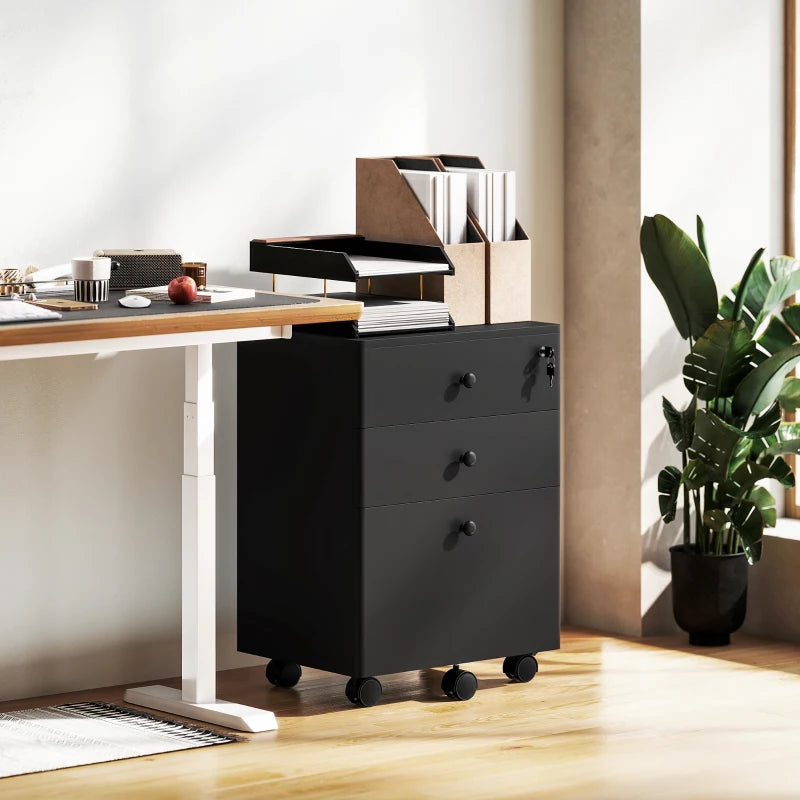 3-Drawer Small Filing Cabinet with Lock, Vertical Office Storage Cabinet with Wheels for Home Office, Black