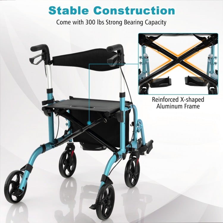 2-in-1 Adjustable Folding Handle Rollator Walker with Storage Space-Blue