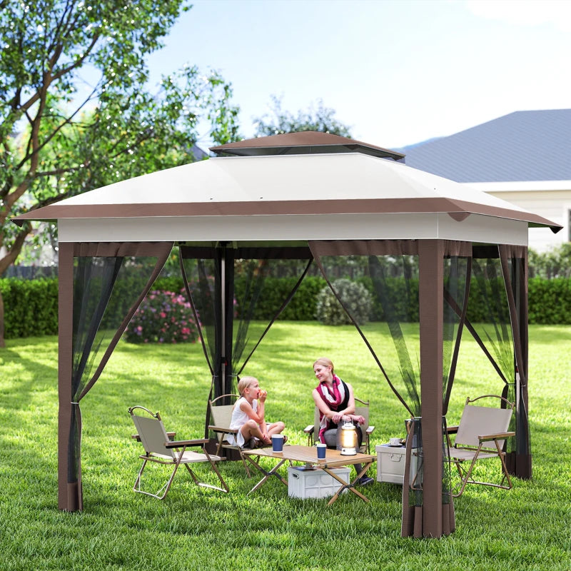 12' x 12' Pop Up Canopy Sun Shade Instant Tent Folding with Mesh Sidewalls, Beige and Dark Brown