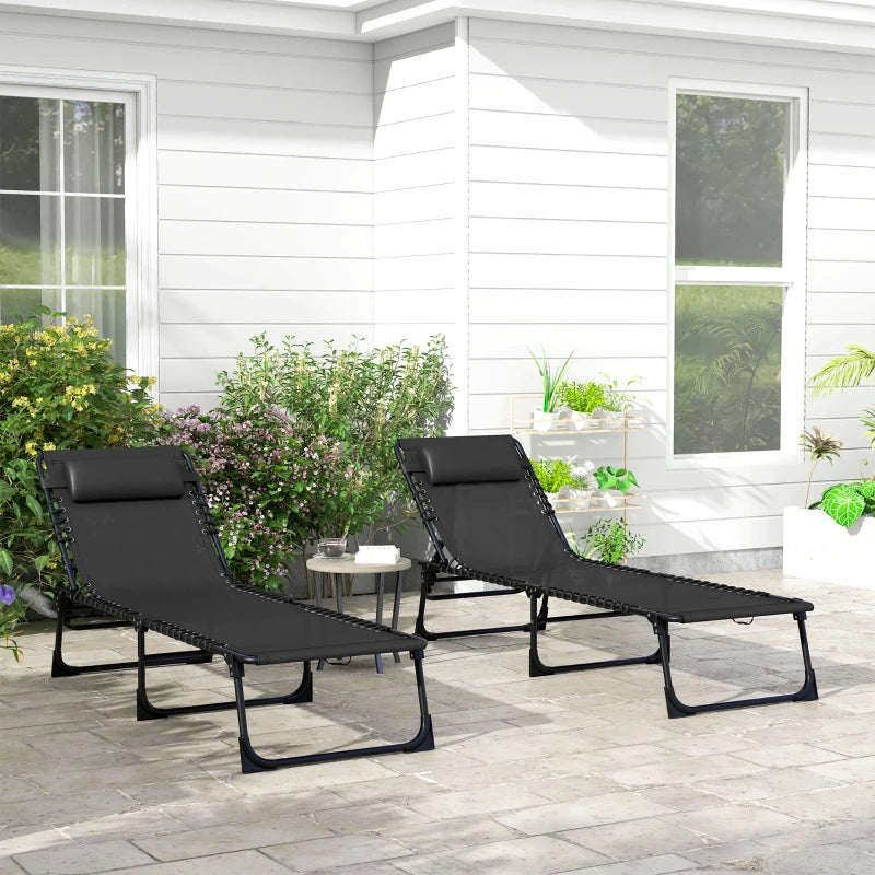 2pcs Folding Lounge Chair, Adjustable Chaise Lounge with Headrest, Reclining Lounger Cot for Camping, Black