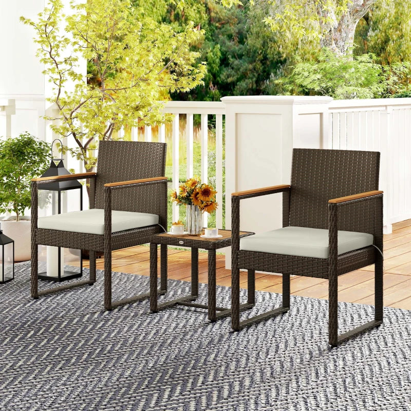 3 Pieces Wicker Patio Furniture Set, Rattan Bistro Set w/ Acacia Wood Table & Removable Cushions, White