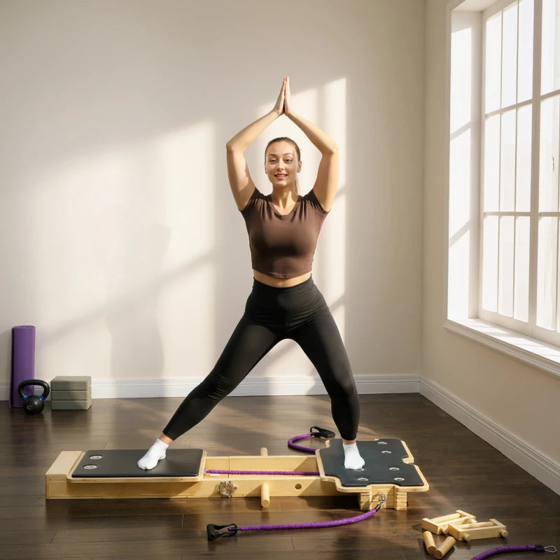 Soozier Foldable Pilates Reformer Machine, Multifunctional Pilates Board with Resistance Bands and Multi-Grips for Home Gym