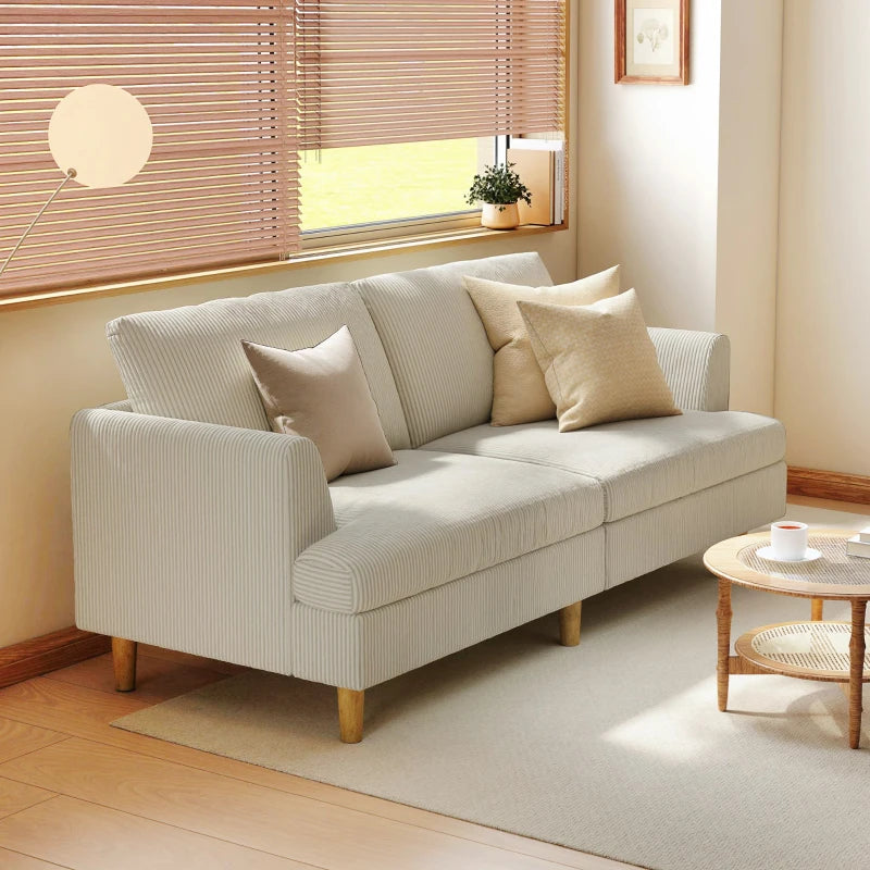 3 Seater Sofa, 74" Modern Corduroy Upholstered Couch with Thick Spring Cushions, Solid Wood Legs, Armrests, Beige
