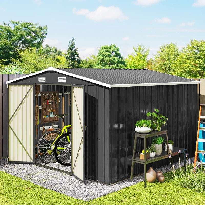 10' x 10' Metal Shed, Heavy Duty Outdoor Storage Shed with 4 Vents and Lockable Double Doors, Dark Grey