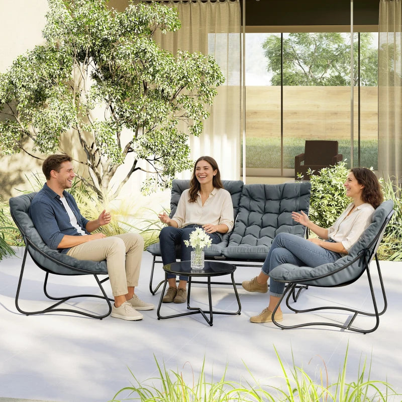 4 Piece Patio Furniture Set, Outdoor Furniture Conversation Set with Loveseat, Chairs Round Metal Table, Cushions, Grey