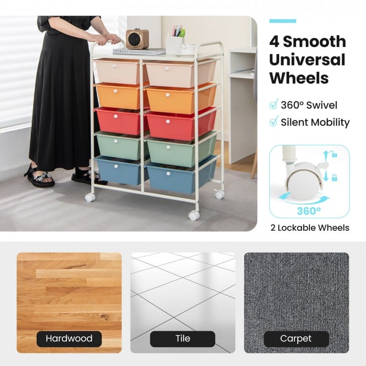 10-Drawer Rolling Storage Cart-Multicolor