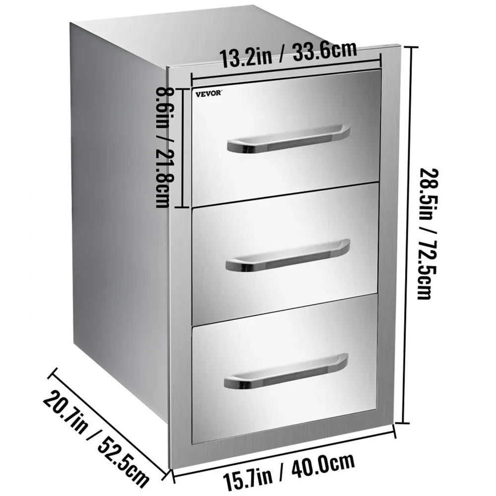VEVOR Outdoor Kitchen Drawers 16\" W x 28.5\" H x 20.5\" D, Flush Mount Triple Access BBQ Drawers Stainless Steel with Handle, BBQ Island Drawers for Outdoor Kitchens or Patio Grill Station