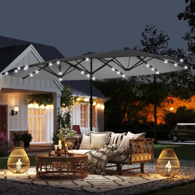 173" Double-Sided Sun Umbrella Garden Parasol Patio Sun Shade Outdoor with LED Solar Light, No Base Included, Dark Gre