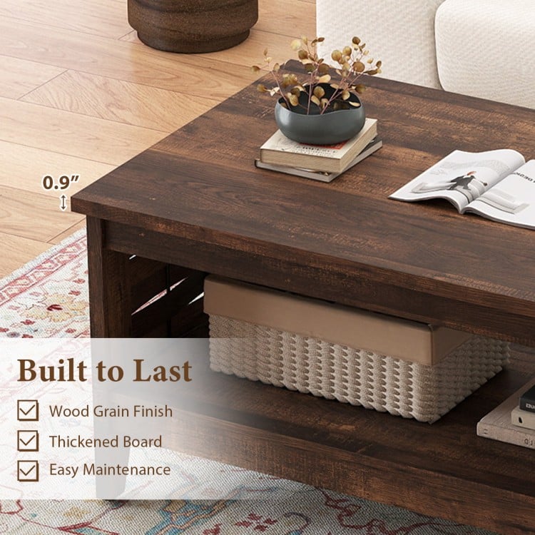 2-Tier Farmhouse Coffee Table with Open Shelf and Woven Decorations for Living Room-Rustic Brown