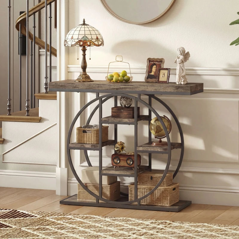 39.4" Console Table with Storage Shelves, Industrial Sofa Table for Living Room, Hallway, Rustic Brown