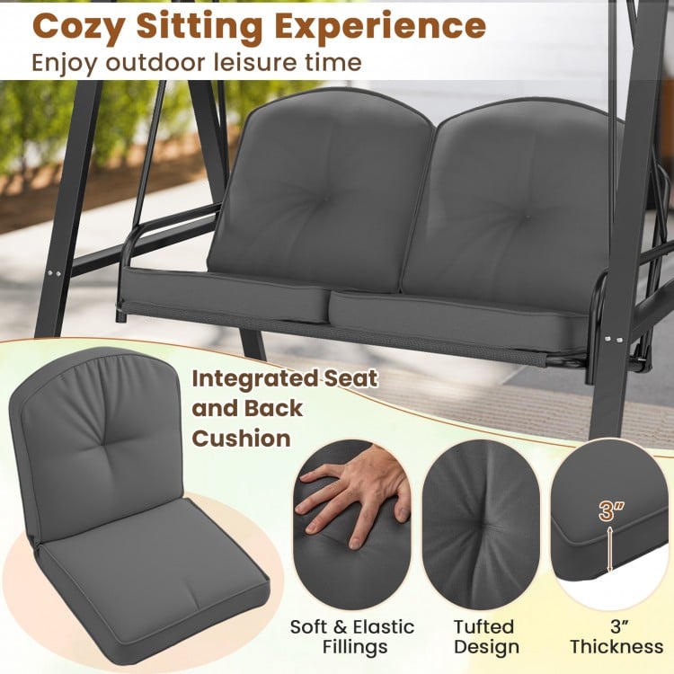 2-Person Outdoor Porch Swing with A-Shaped Metal Stand and Adjustable Canopy-Gray
