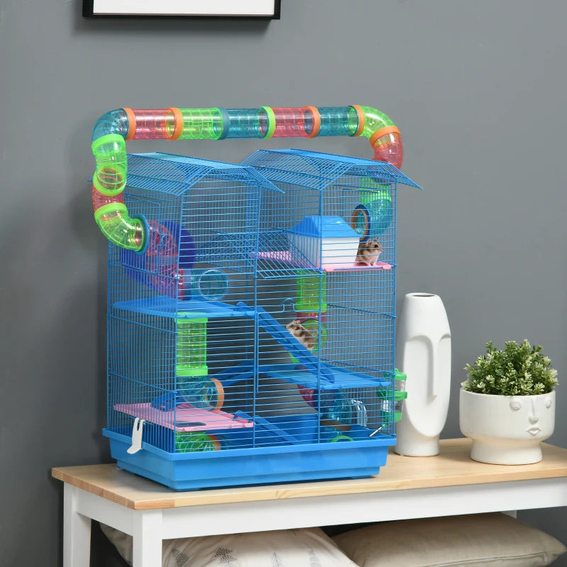 18.5" Hamster Cage, 5 Tiers Small Animal House with Tunnel Tube System, Exercise Wheel, Water Bottle, Blue