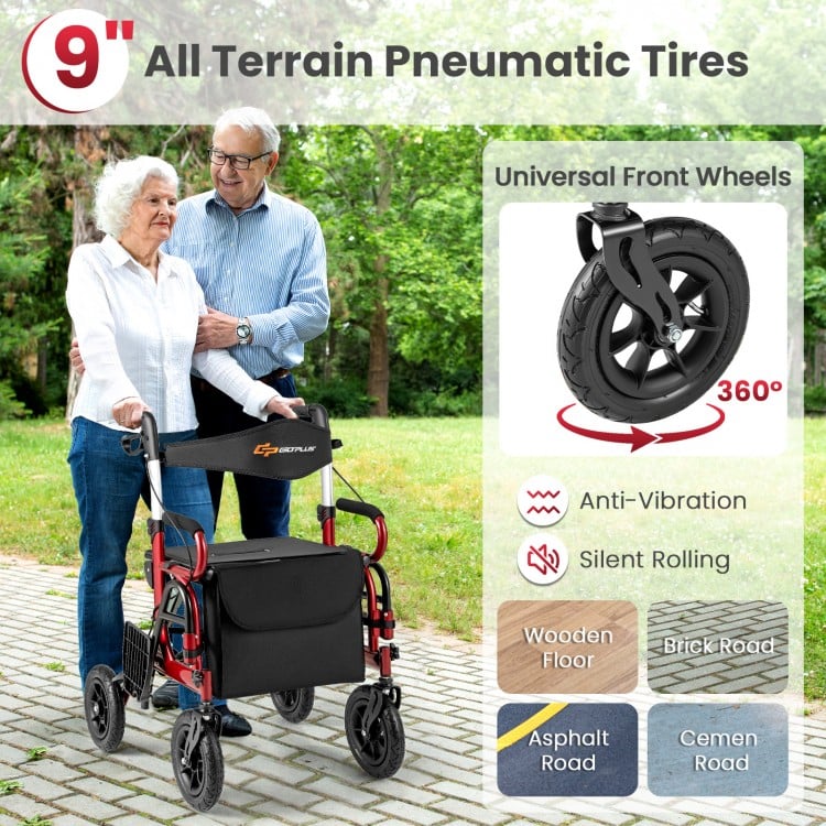 2-in-1 Foldable Rollator Walker with Seat abd 9 Inch Pneumatic Tires for Seniors-Red