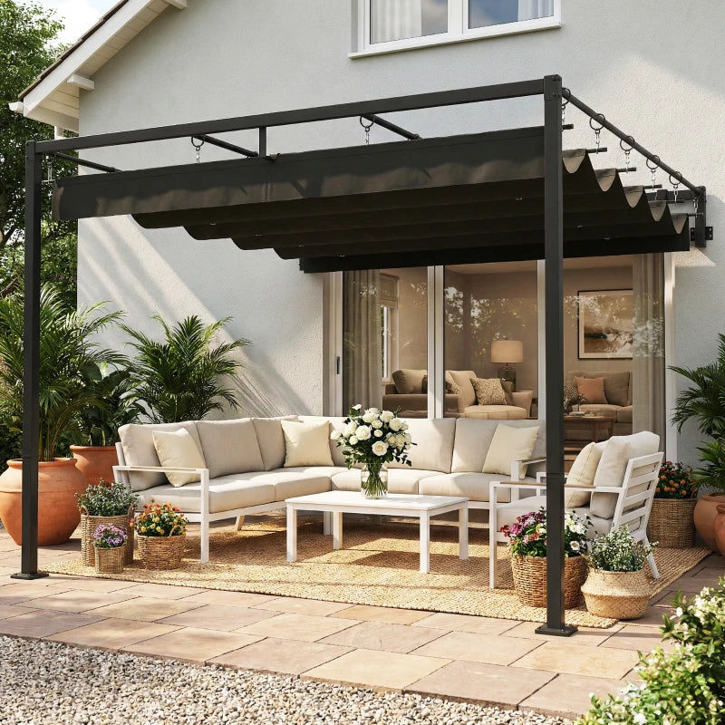 10' x 10' Retractable Pergola Canopy, Wall-Mounted Pergola, Outdoor Sun Shade Shelter for Garden, Balcony, Dark Grey