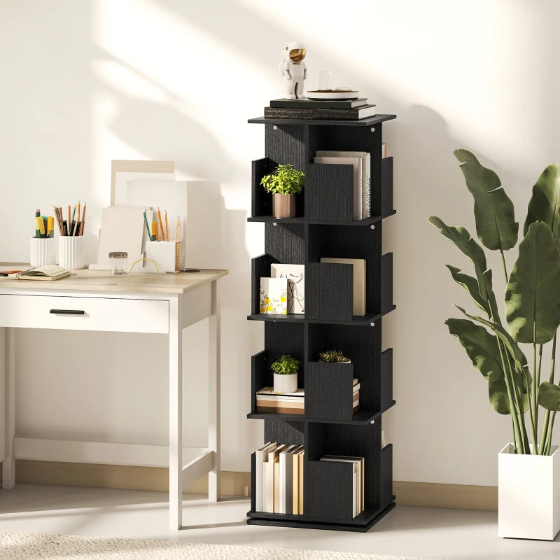 360° Rotating Bookcase with Anti-Tipping Straps, Anti-Slip Foot Pads, 4 Tier Bookshelf with 16 Cubbies for Books, Plants, Decorations, Black