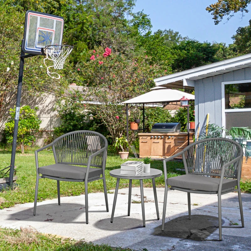 3-Piece Rattan Bistro Set, Garden Seating Group with 2 Armchairs and Coffee Table, Balcony Furniture Set, Grey