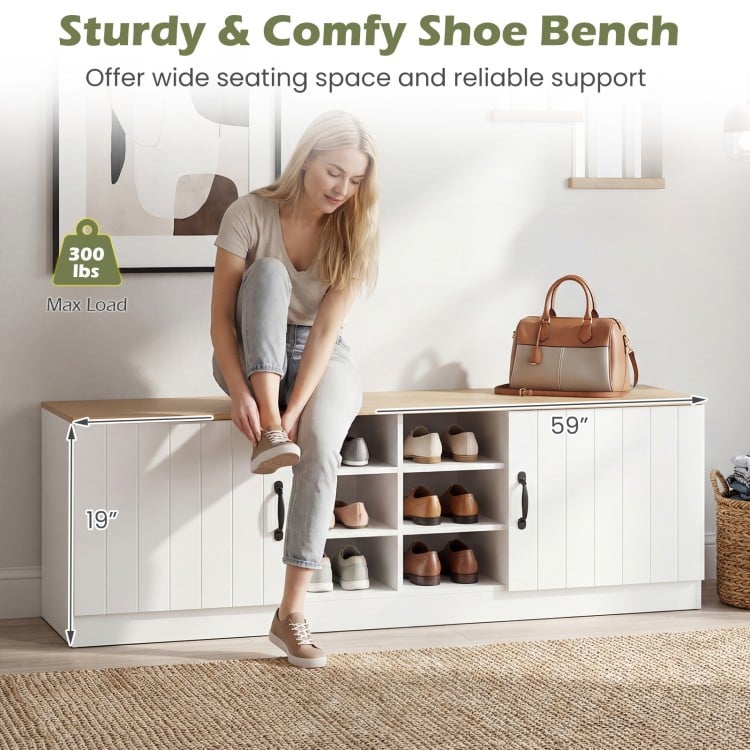 2-Door Shoe Bench Storage Cabinet with Adjustable Shelves-Natural