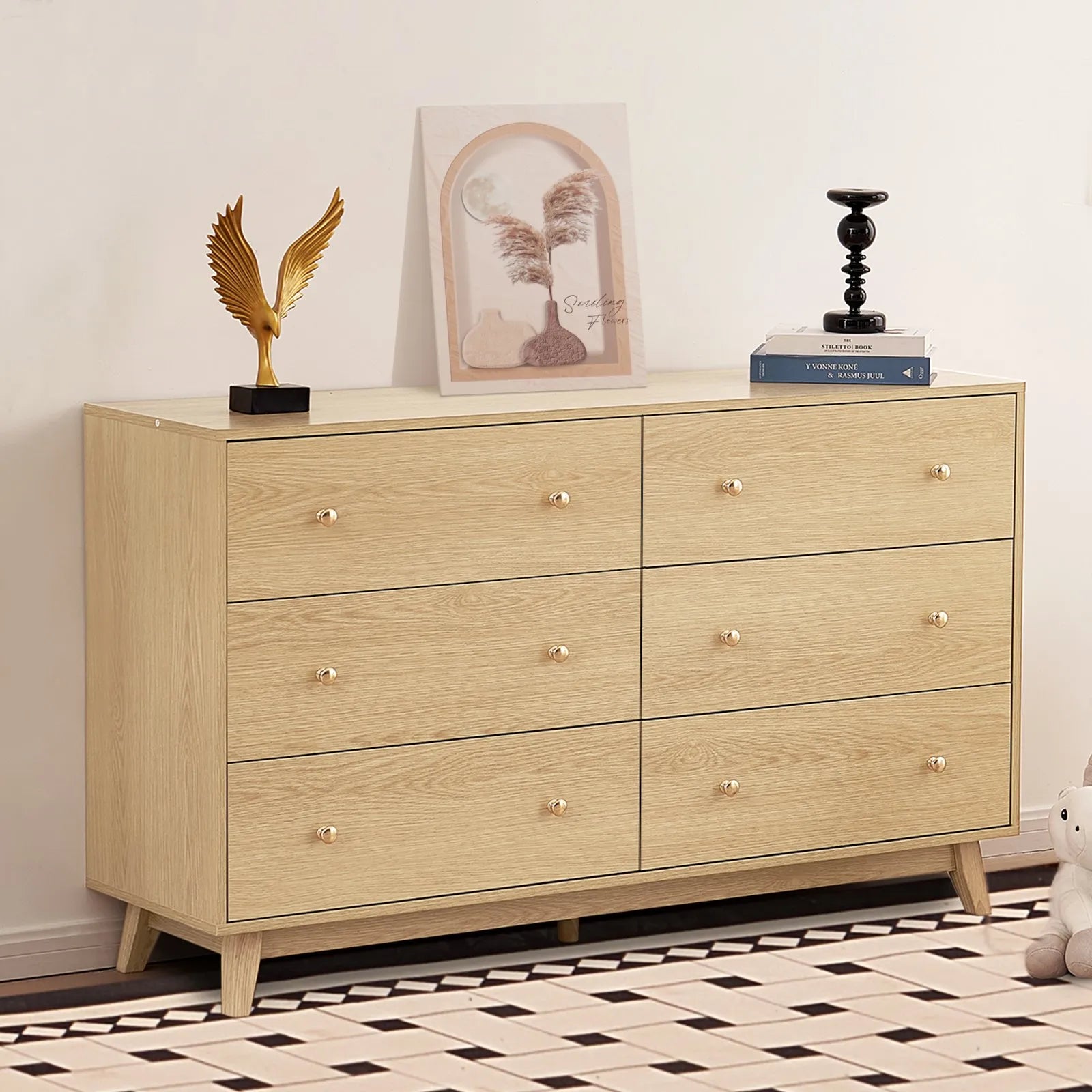 VEVOR 6 Drawer Dresser Wooden Chest of Drawers with Sliding with Anti-tip Device