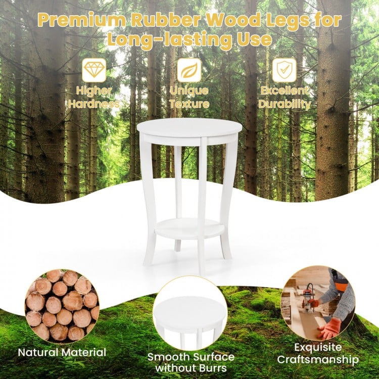 2-tier Round End Table with Solid Wood Legs-White
