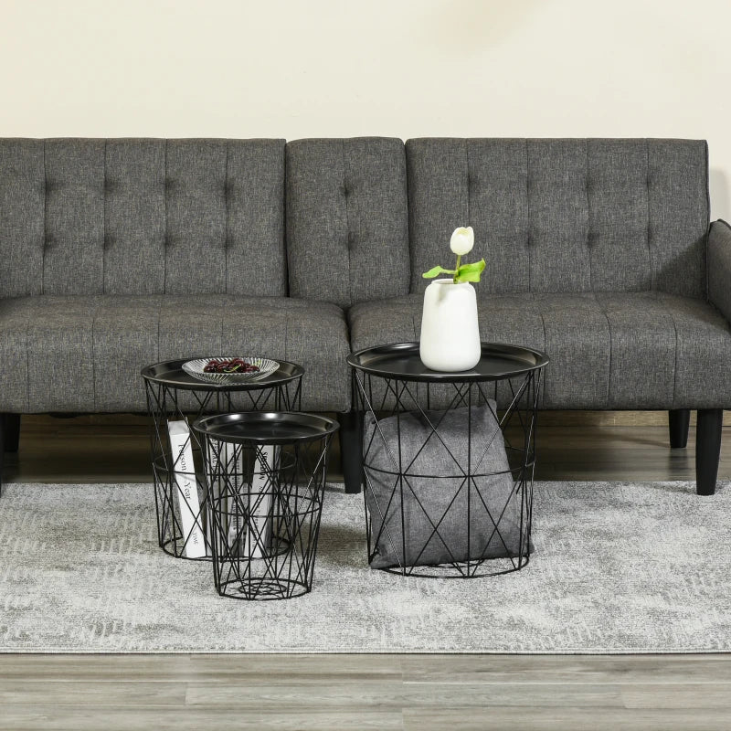 Set of 3 Nesting Coffee Tables with Storage, Round End Table with Removable Tray, Basket Side Tables with Metal Frame for Living Room, Black