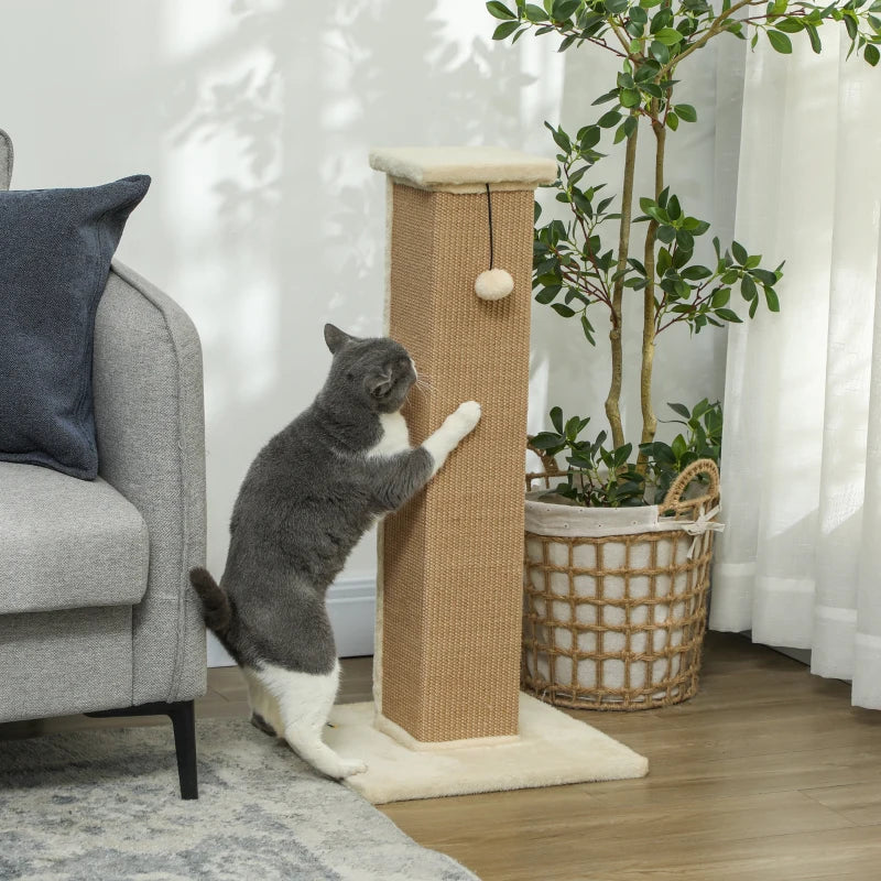 32" Tall Cat Scratching Post for Indoor Cats and Kittens, Sisal Cat Scratcher with Hanging Ball Soft Plush, Beige