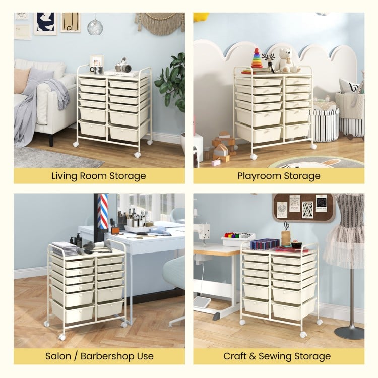 12-Drawer Rolling Storage Cart with Removable Drawers and Lockable Wheels-Beige