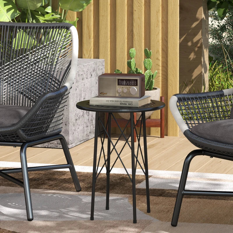 15.7" Round Garden Table with Floral Cut-Out, Steel Balcony Side Bistro Coffee Table with Adjustable Feet, Black
