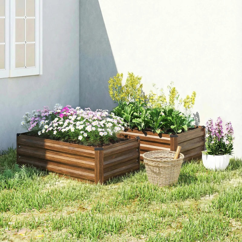 Set of 2 Galvanized Raised Beds for Garden, Outdoor Planter Box for Flowers, Herbs and Vegetables, Dark Brown