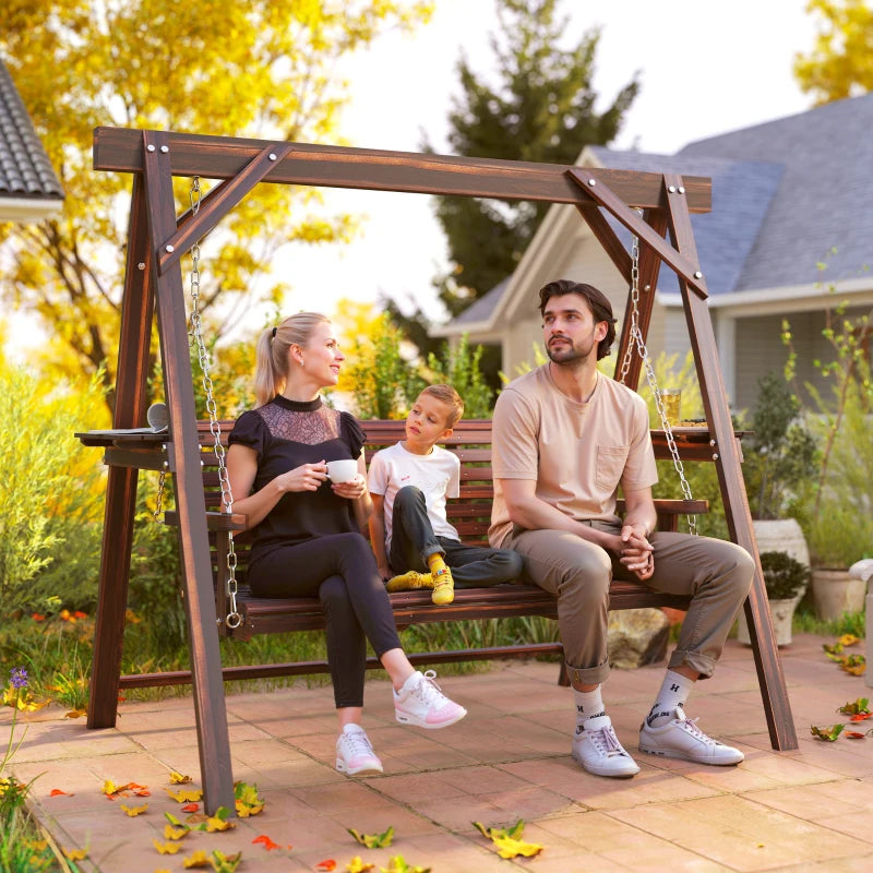 3 Seat Wooden Porch Swing with Stand, Patio Swing with Side Tables, for Garden, Poolside, Backyard, Carbonized Brown