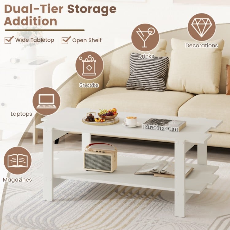 2-Tier Coffee Table Slatted Wood Center Table with Storage Shelf-White