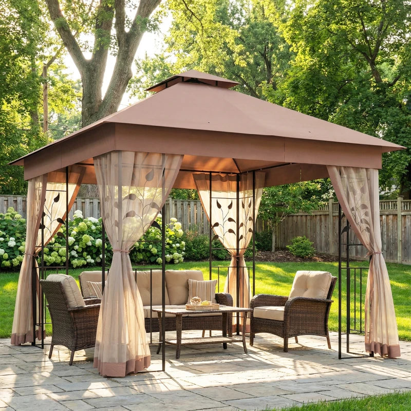 10'x10' Soft-top Steel Patio Gazebo Outdoor Sun Shelter with 2-Tier Polyester Roof, Curtain Sidewalls, Dark Brown