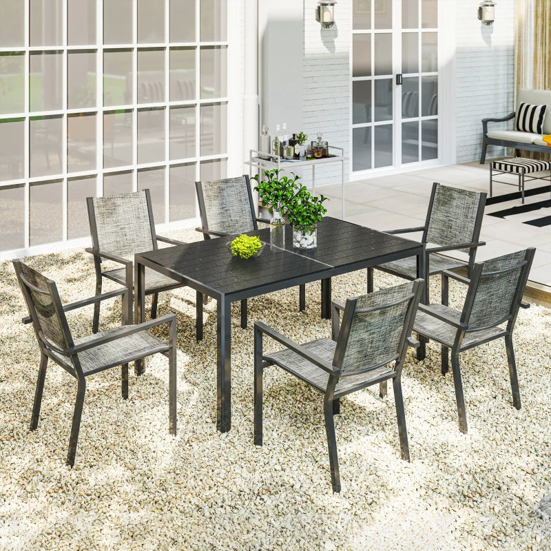7 Piece Outdoor Dining Set with 6 Stackable Chairs, Rectangle Table, WPC Slatted Top, Rust-Resistant Steel Frame