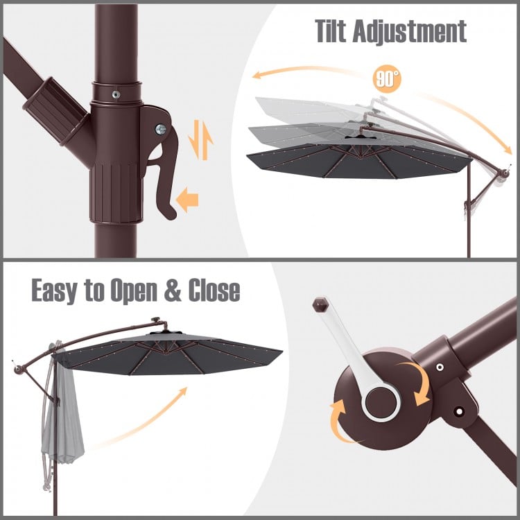 10 Ft Patio Umbrella Offset Cantilever Umbrella with 40 Solar Powered Lights-Gray