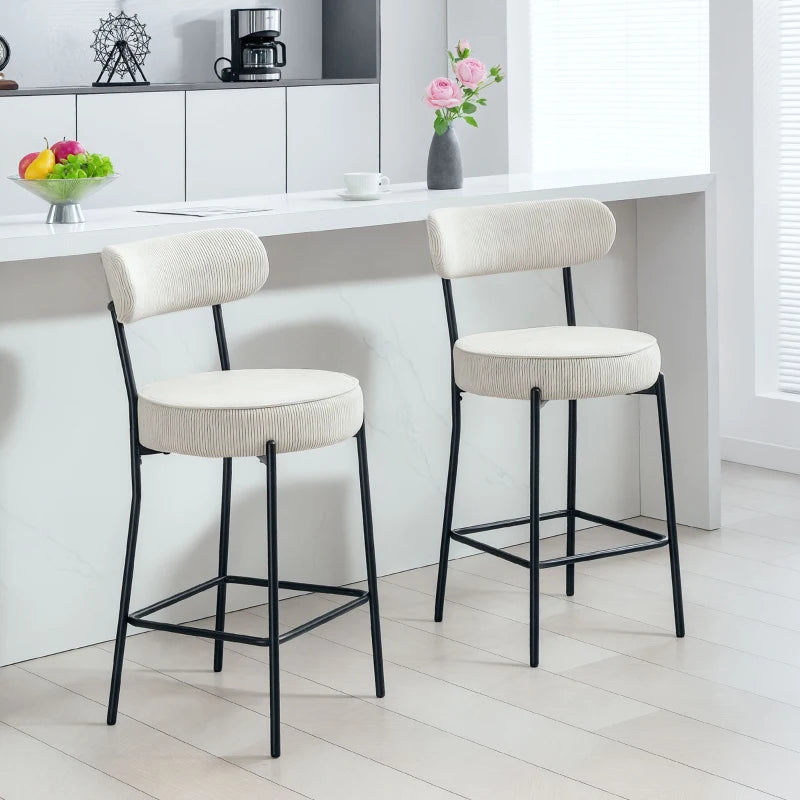 Set of 2 Barstools, Upholstered Corduroy Bar Stools with Backrest, Footrest for Kitchen Island, Dining Room, Cream White