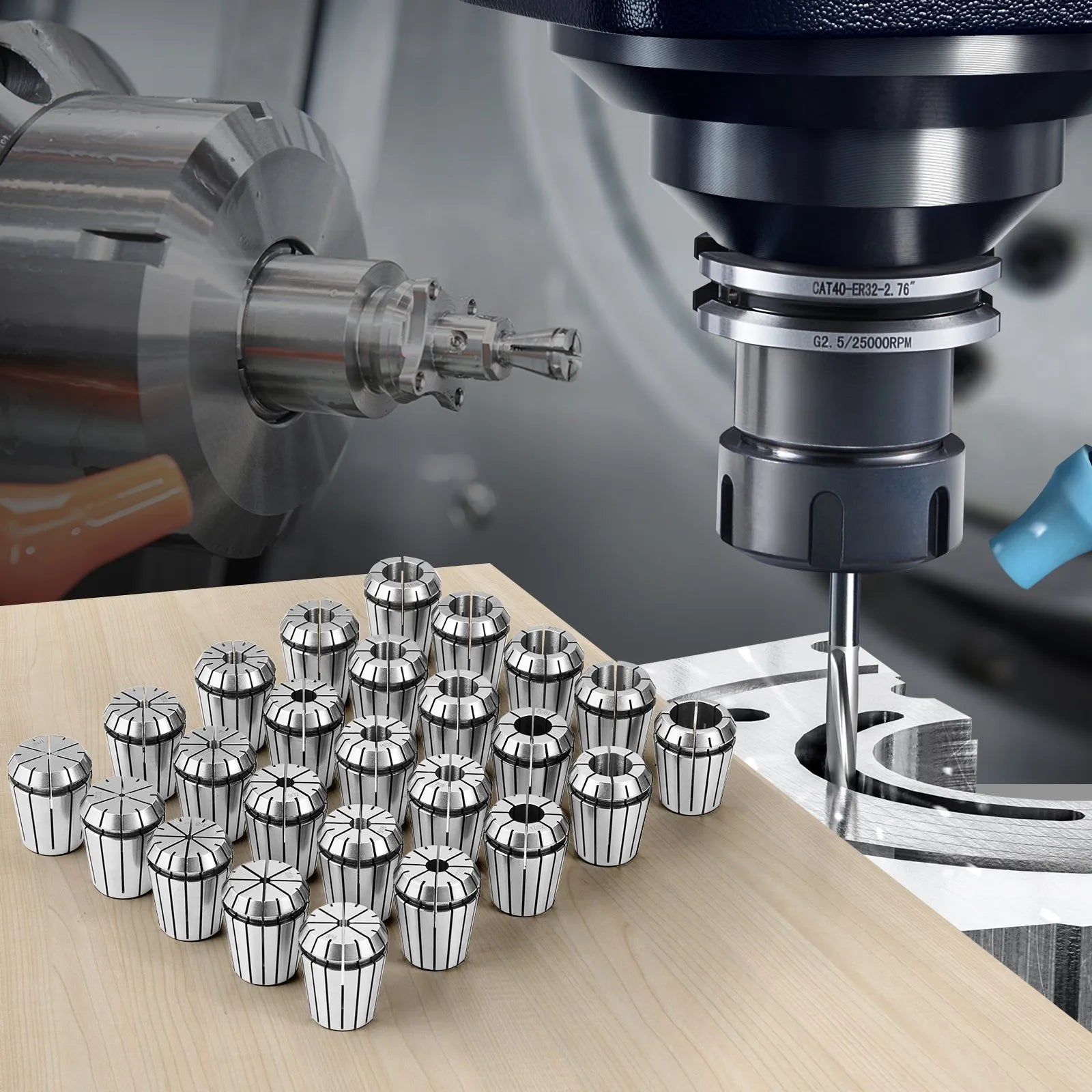 VEVOR 25 pcs ER32 Collet Set, 1/16''-13/16'', ER32 Spring Collet Chuck Set, 0.0006"/15 µm TIR Lathe Chuck Tool with 25 Labeled Storage Boxes, for CNC Engraving Machine Milling Lathe Tool Drill Press