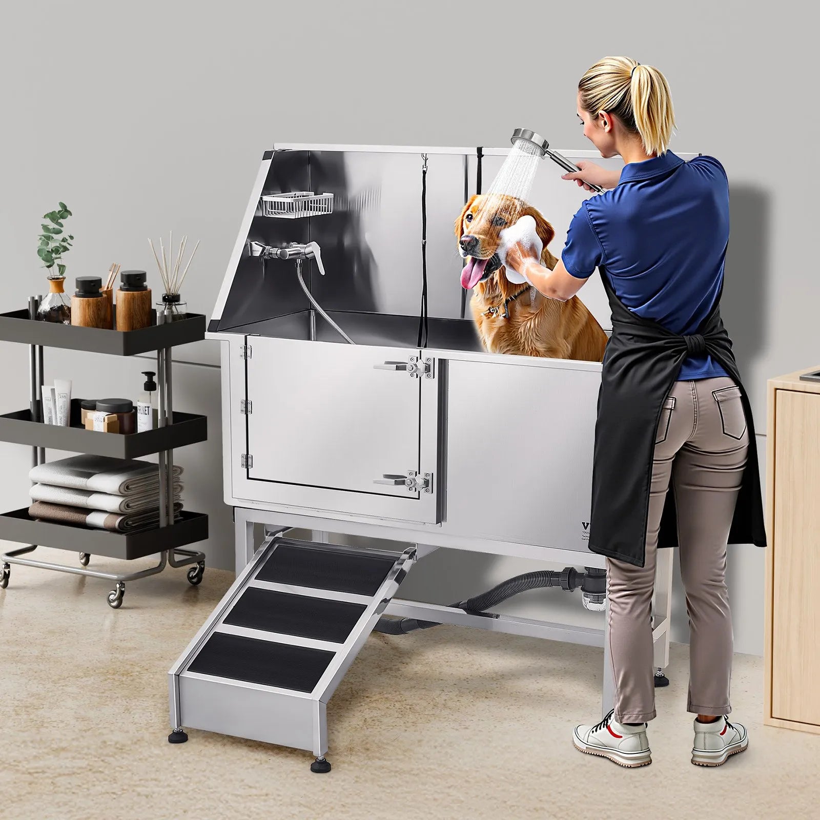 VEVOR 50 Inch Dog Grooming Bath Tub Stainless Steel w Ramp Water Filter Left