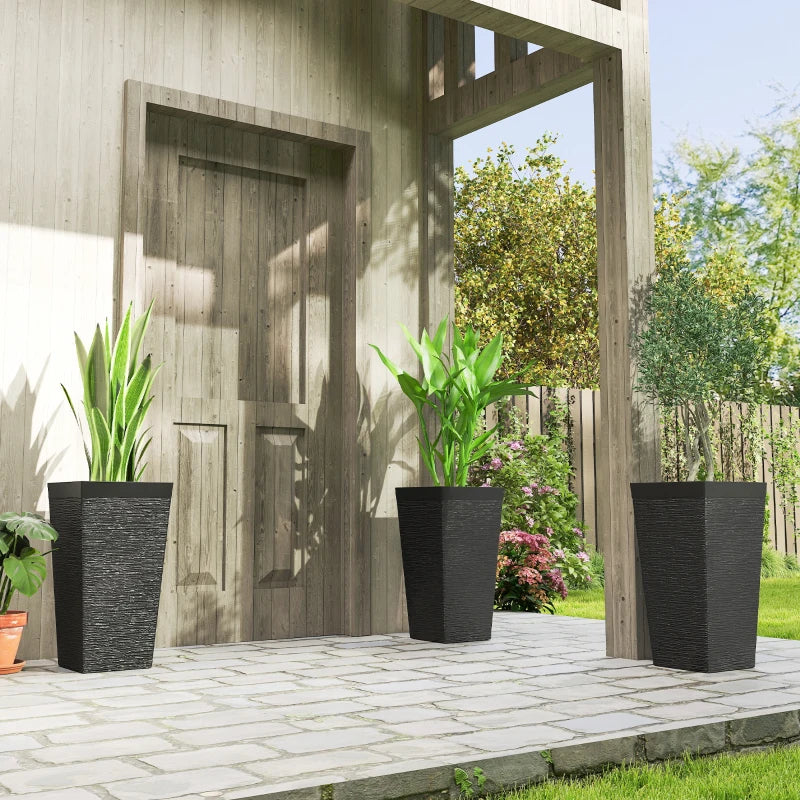22.8" Tall Planters Set of 3, Indoor Outdoor Taper Planters with Stone Finish, Wheels and Drainage Hole, Black