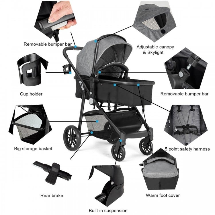 2 in 1 Foldable Pushchair Newborn Infant Baby Stroller-Gray