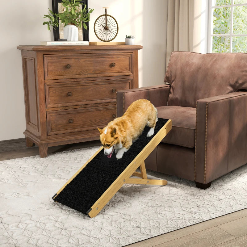 33" Foldable Dog Ramp with 4-Level Adjustable Height for Bed, Couch, for Small and Medium Dogs, Natural Wood