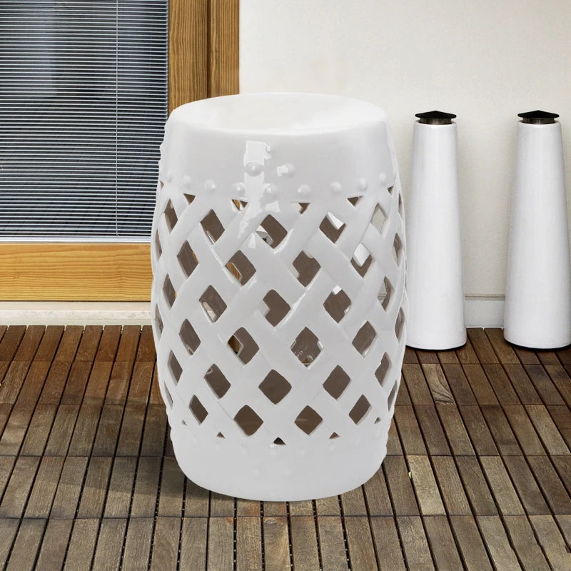 18" Ceramic Garden Stool with Woven Lattice Design, Indoor & Outdoor Decorative Accent Stool, White